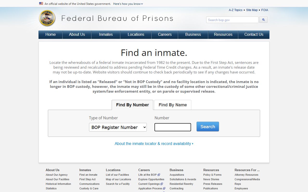Federal Bureau of Prisons inmate locator used for Monroe County federal inmate records
