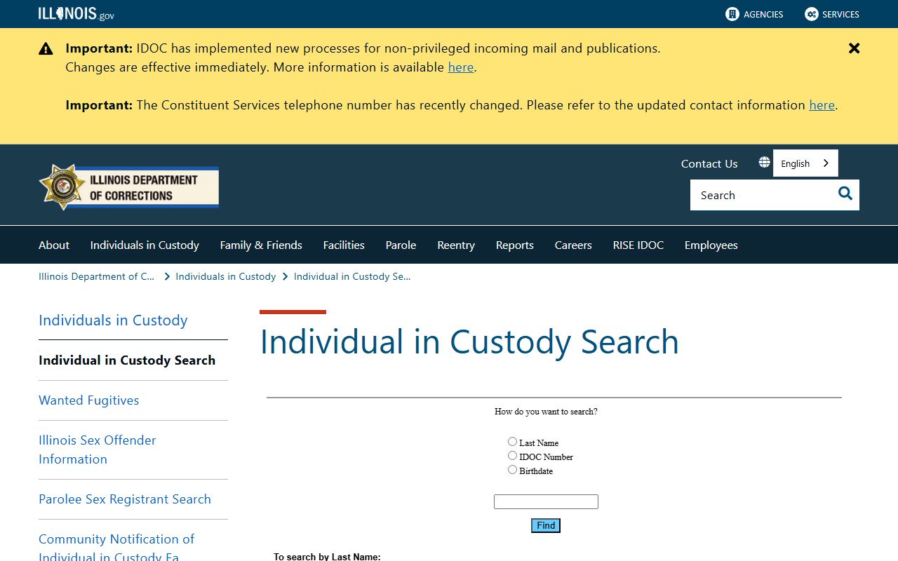 Illinois IDOC inmate search page for Monroe County sentenced inmate records