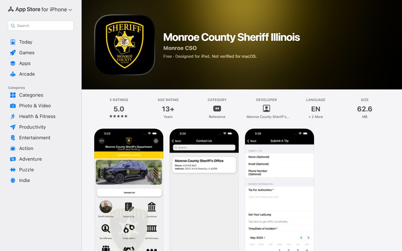 Monroe County Sheriff Illinois app listing used for jail information and inmate records help